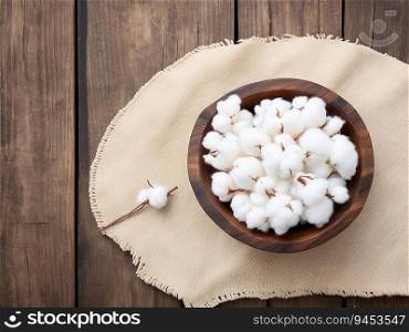 Top view of cotton branch on wooden table. World Cotton Day