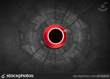 Top view of cup of coffee on dark background. Coffee time