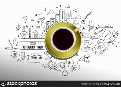 Top view of cup of coffee on white background. Coffee time