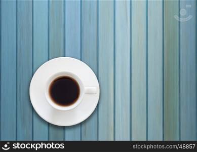 Top view of cup of fresh espresso on blue wooden background