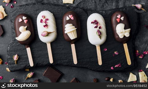 Top view of decorated cake pops ice creams on black background