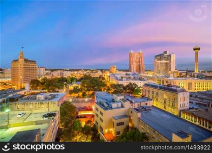 Top view of downtown San Antonio in Texas USA at sunset