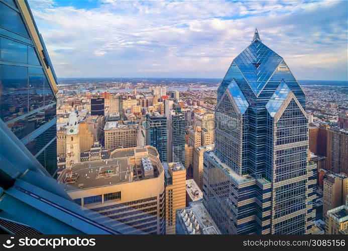 Top view of downtown skyline Philadelphia in Pennsylvania, USA at sunset