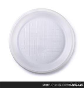 Top view of empty disposable plastic plate isolated on white