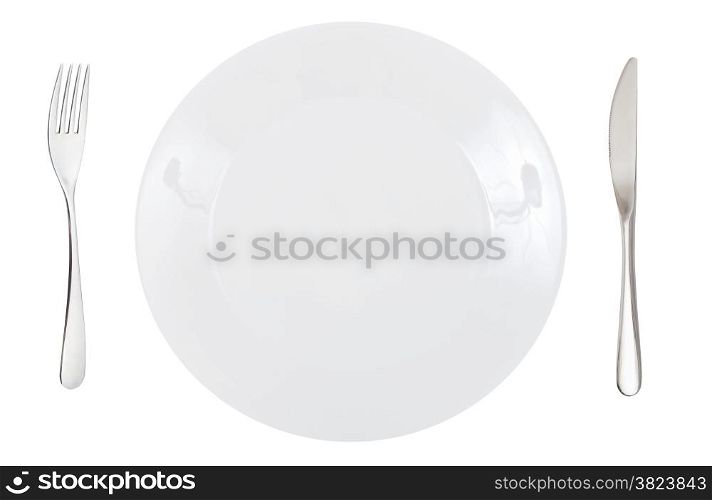 top view of empty white dinner porcelain plate with fork and knife isolated on white background