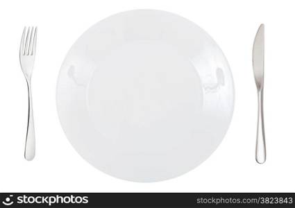 top view of empty white dinner porcelain plate with fork and knife isolated on white background