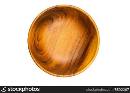 Top view of empty wooden cup bowl for salad cooking isolated on white background with clipping path.