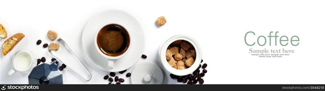 Top view of Espresso coffee, milk and sugar on white. Background with space for text