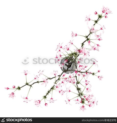 top view of flowering tree twigs in glass vase isolated on white background. 3d illustration
