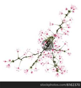 top view of flowering tree twigs in glass vase isolated on white background. 3d illustration