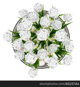 top view of flowers in glass vase isolated on white background