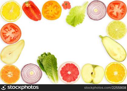 Top view of frame fresh cut vegetables and fruits isolated on white background.