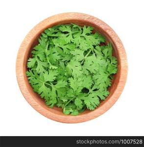 Top view of fresh coriander leaves in wooden bowl on white background.