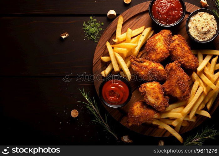 Top View of Fried Chicken with French Fries in Restaurant AI Generative