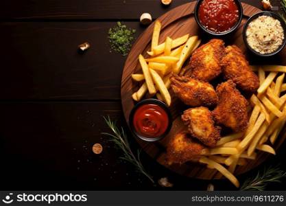 Top View of Fried Chicken with French Fries in Restaurant AI Generative