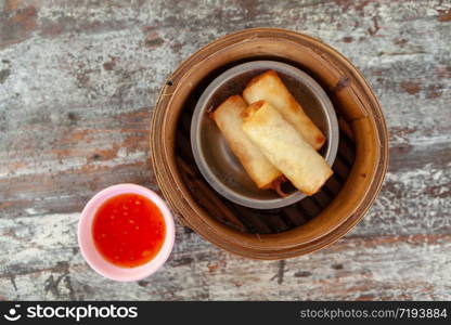 Top view of fried spring rolls is Thai traditional spring rolls one of menu in dim sum Restaurant