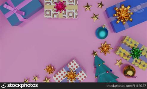 Top view of gift boxes and Christmas tree with shiny ball on pink background with empty space, Merry Christmas and happy new year. 3D illustration.