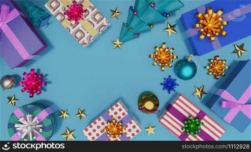 Top view of gift boxes and Christmas tree with shiny ball on blue background with empty space, Merry Christmas and happy new year. 3D illustration.