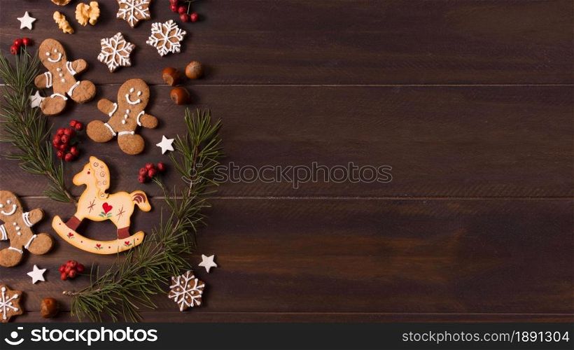 top view of gingerbread cookies selection for christmas with copy space. Resolution and high quality beautiful photo. top view of gingerbread cookies selection for christmas with copy space. High quality and resolution beautiful photo concept