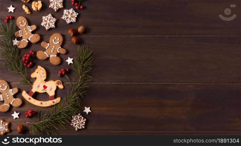 top view of gingerbread cookies selection for christmas with copy space. Resolution and high quality beautiful photo. top view of gingerbread cookies selection for christmas with copy space. High quality and resolution beautiful photo concept