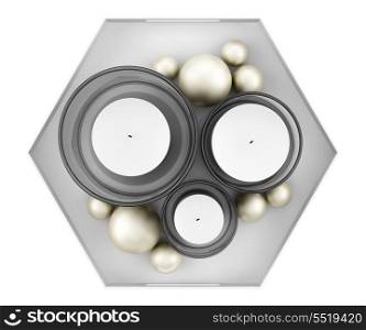 top view of glass candlesticks with candles on tray isolated on white background