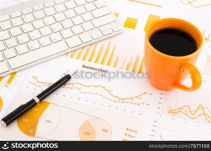 top view of graphs, charts, data and report summarizing for management budget and planning business project