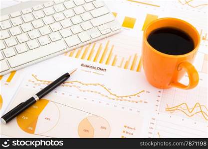 top view of graphs, charts, data and report summarizing for management budget and planning business project