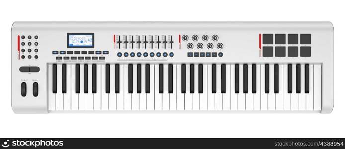 top view of gray synthesizer isolated on white background