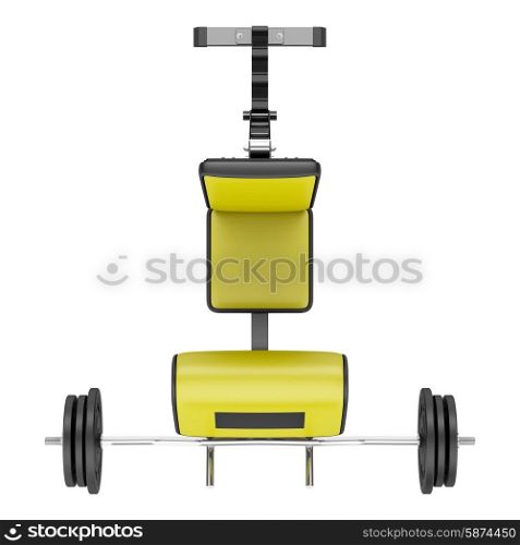 top view of gym arm curl bench with barbell isolated on white background