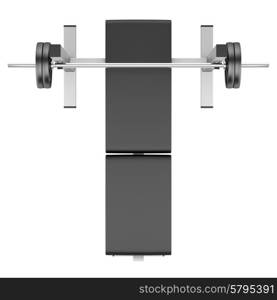 top view of gym flat weight bench with barbell isolated on white background