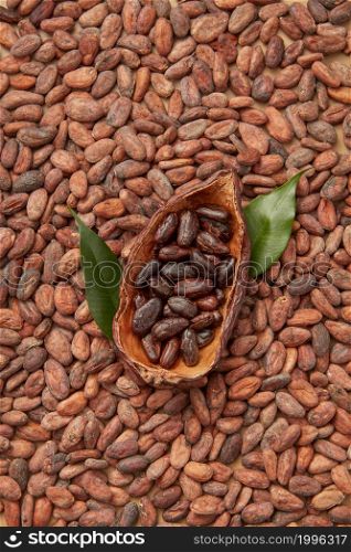 Top view of half of cocoa tree pod filled with peeled aromatic fresh beans placed on unpeeled beans with few green leaves. Pod of cocoa tree with organic beans