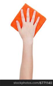 top view of hand with orange cleaning rag isolated on white background