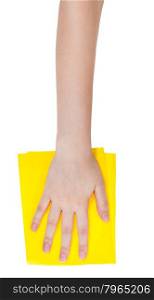 top view of hand with yellow cleaning rag isolated on white background