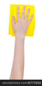 top view of hand with yellow wiping rag isolated on white background