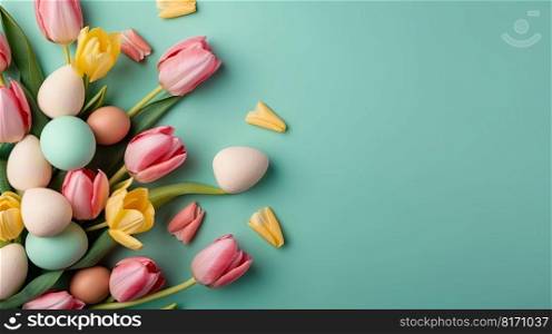Top View of Happy Easter background with tulips and decorative eggs in various colors