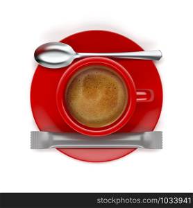 Top view of hot aromatic espresso coffee on white background