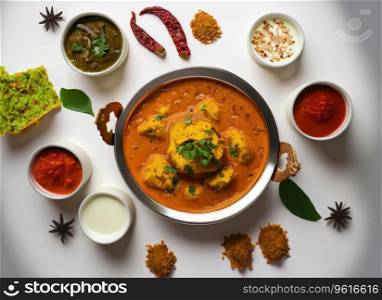 top view of Indian food with spices on white background
