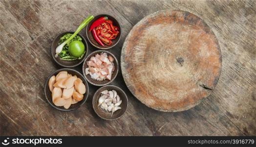 top view of ingredient raw food on wood table