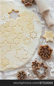 Top view of ingredients for cooking Christmas gingerbread cookies. Preparation of gingerbread festive cookies