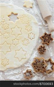 Top view of ingredients for cooking Christmas gingerbread cookies. Preparation of gingerbread festive cookies