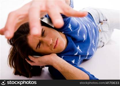 top view of laying man showing fingers on an isolated background