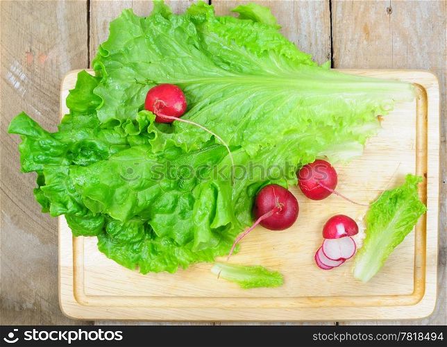 Top view of lettuce and radish on wooden background