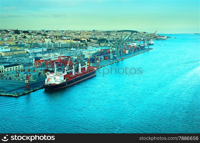 Top view of Lisbon Industrial port at sunset. Portugal