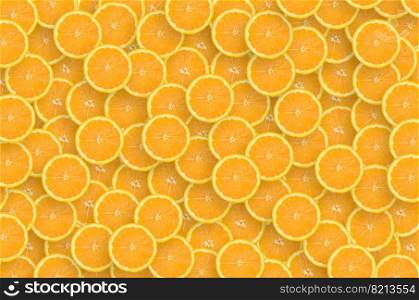 Top view of many orange fruit slices as a background image. A saturated citrus pattern. Flat lay. Pattern of orange citrus slices. Citrus flat lay