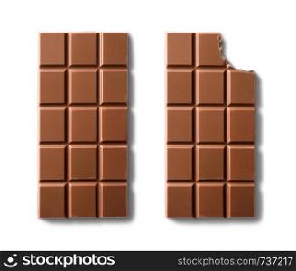 Top view of milk chocolate bars . Isolated on white background