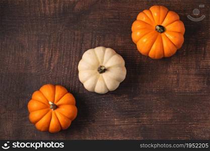 Top view of mini pumpkins on wooden background. autumn and halloween concept