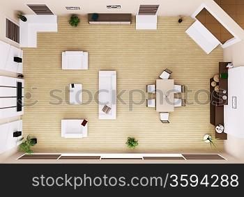Top view of modern living room interior 3d render