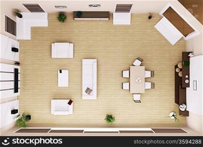 Top view of modern living room interior 3d render