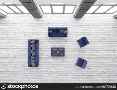 Top view of modern living room interior with blue sofas and armchairs 3d render