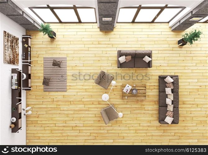 Top view of modern living room interior with sofa and armchairs 3d render